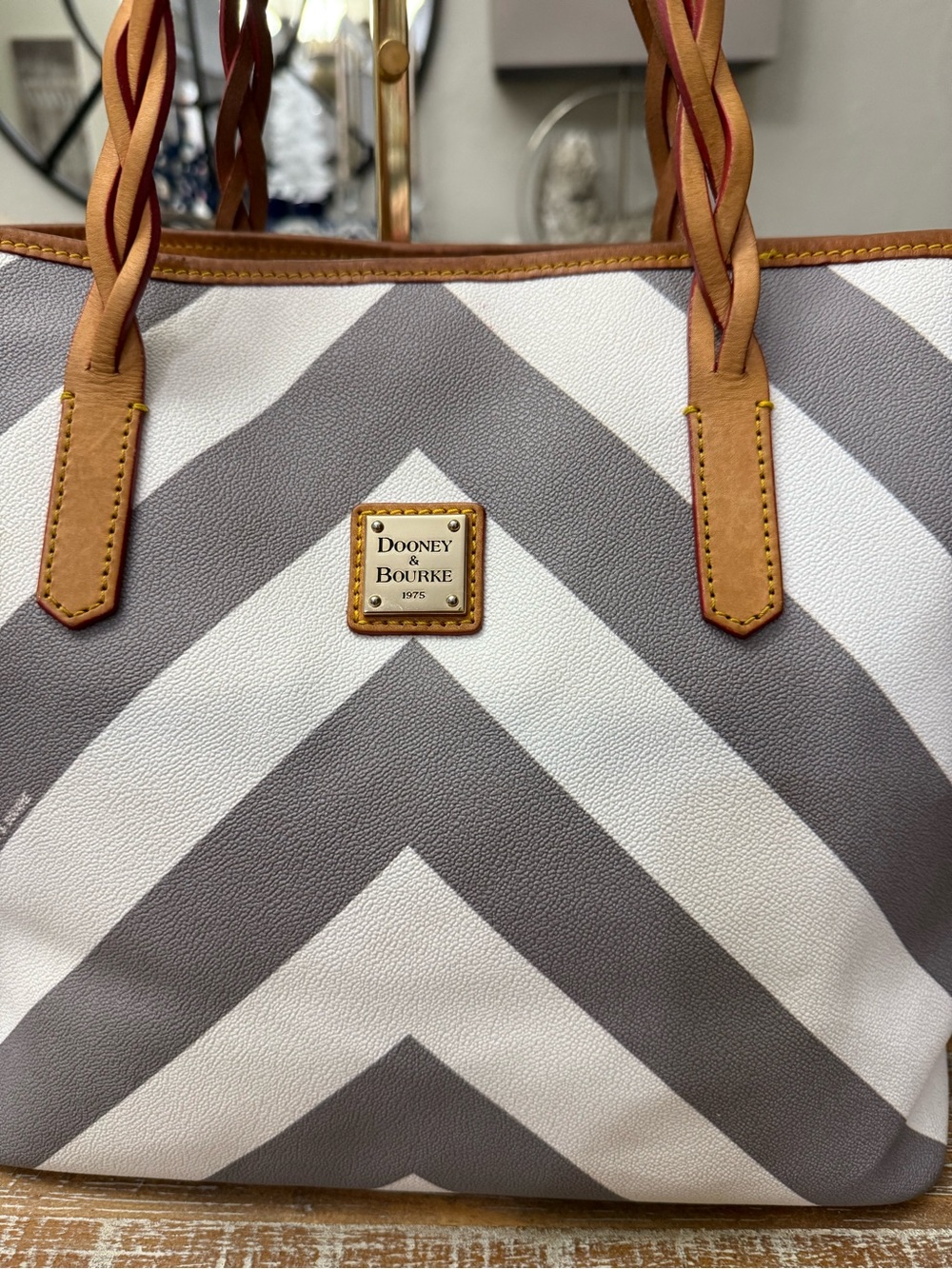 Dooney & Bourke White and Gray Chevron Tote with Tan Trim, 11” tall, 13”/17”top